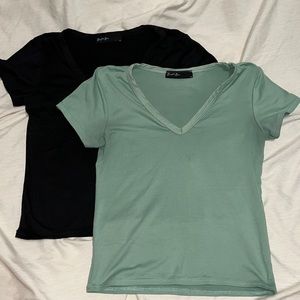 Women's V-Neck Short Sleeve Tops - Black and Green